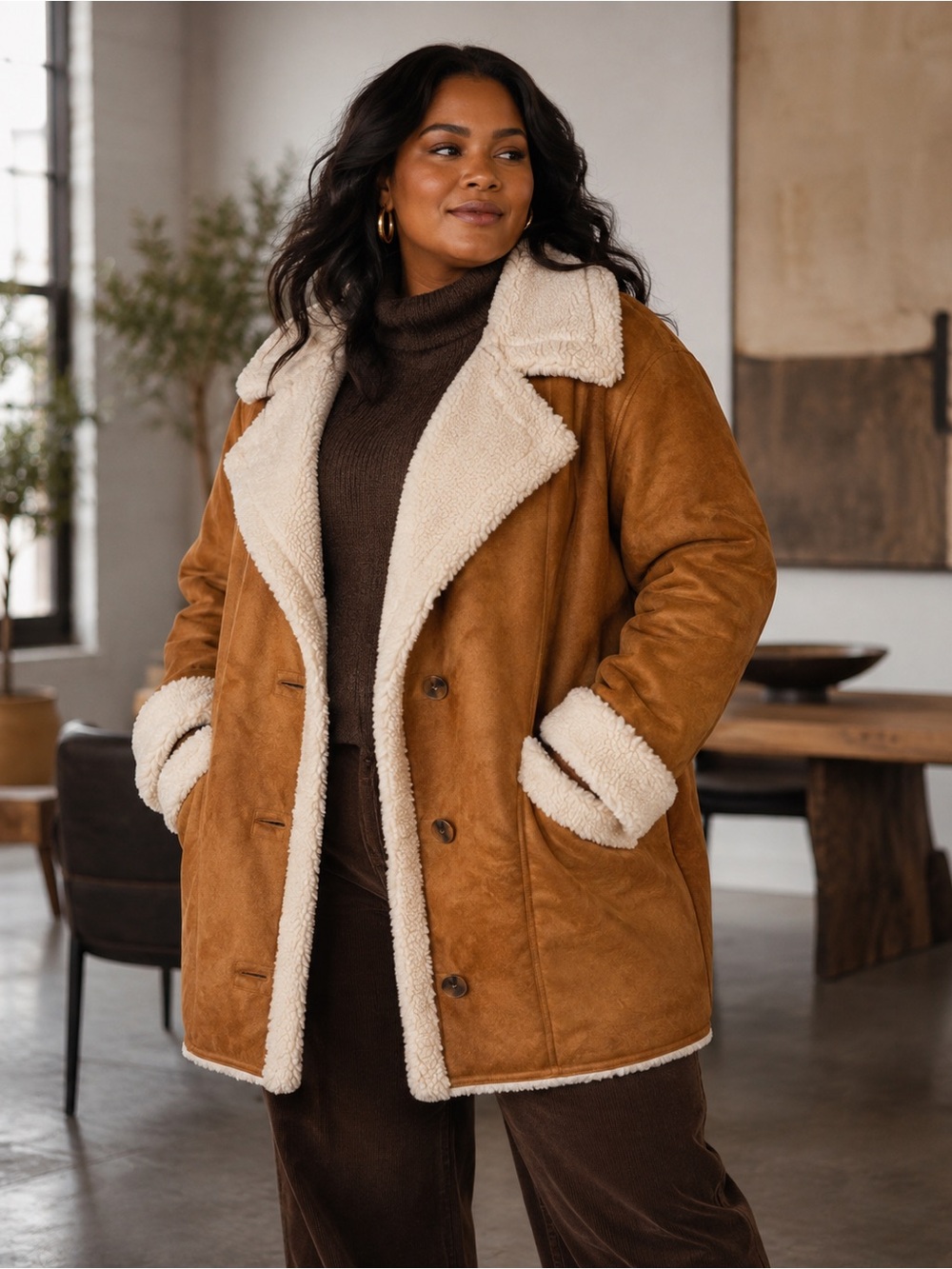Lane Bryant Tan Faux Suede Shearling Coat Warm Size 18/20